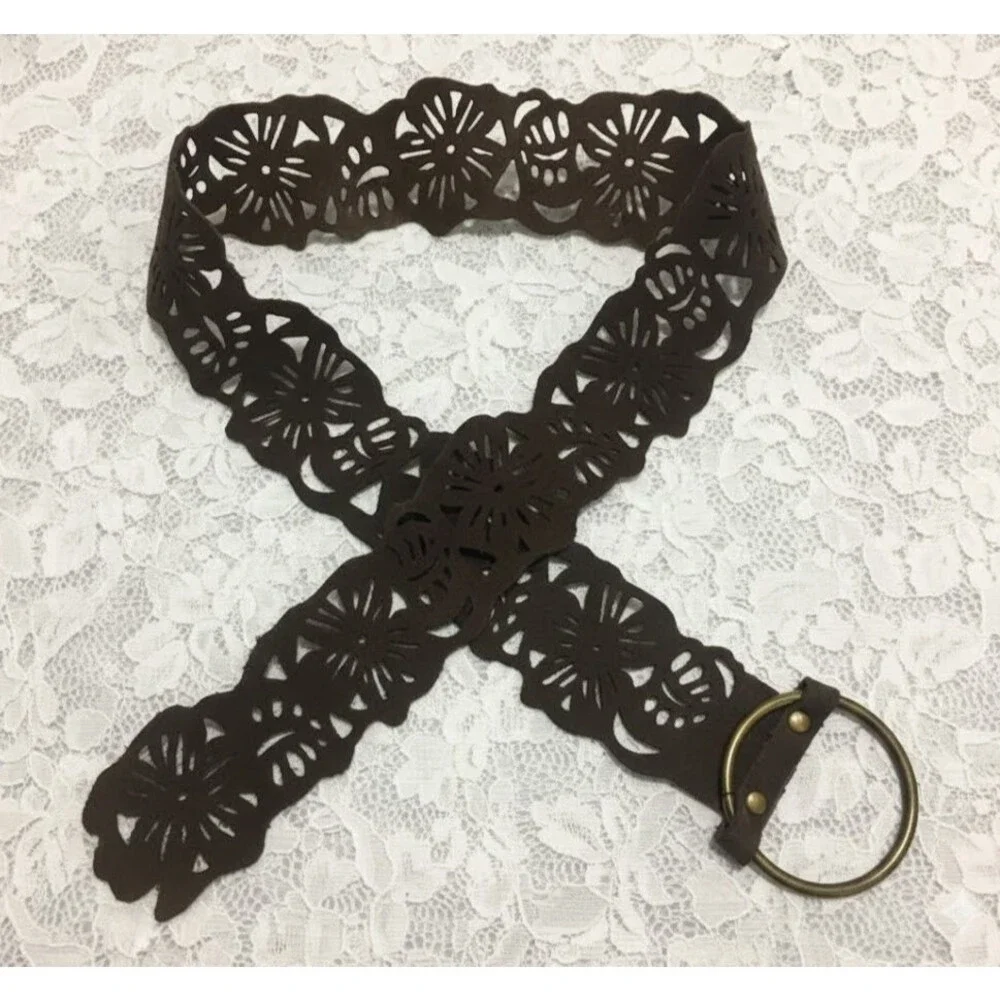 Prana Cut out Leather Belt Womens S/M Brown Suede Brass Ring Buckle